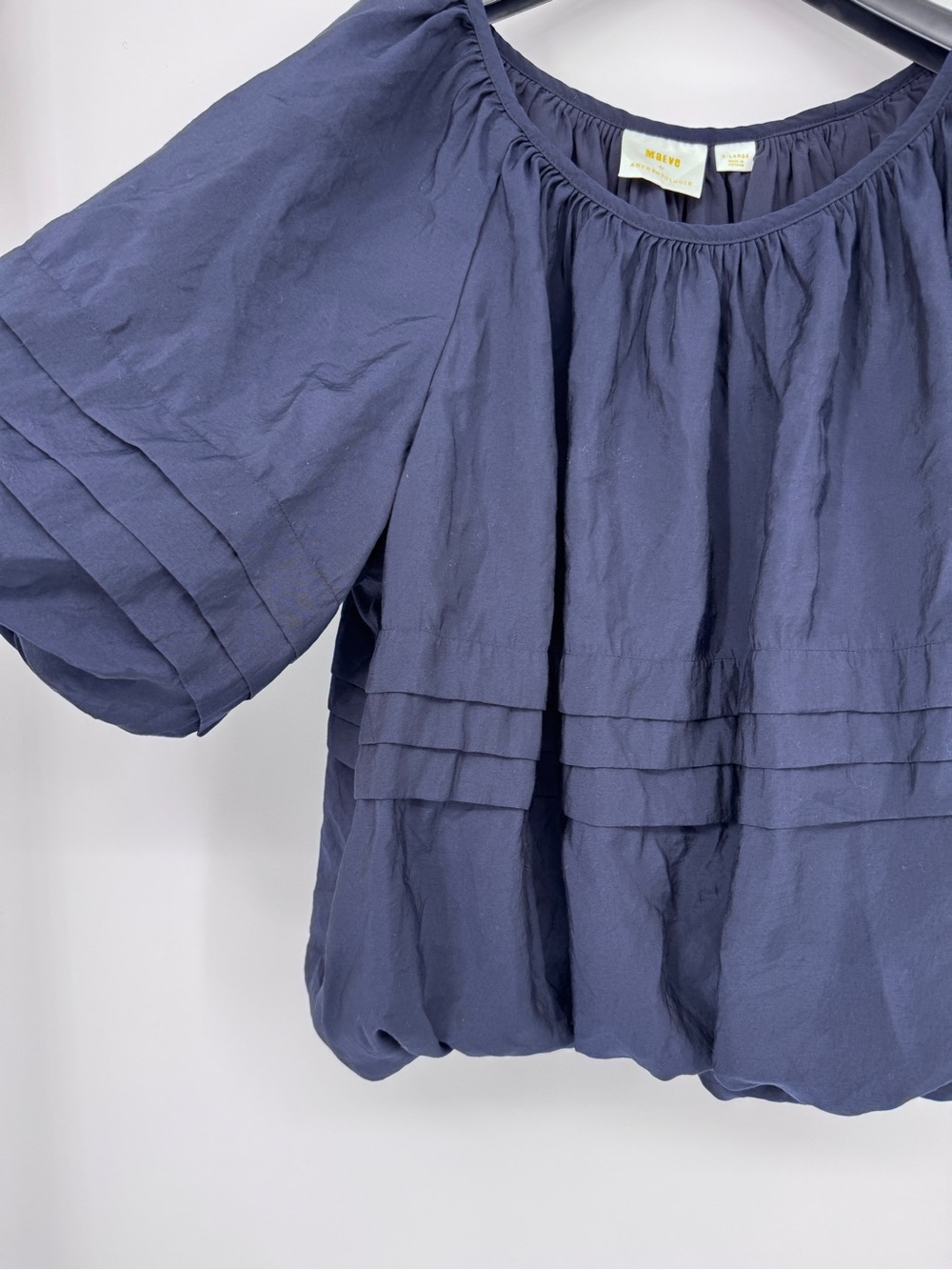 Anthropologie Navy Pintuck Puff-Sleeve Blouse - Picture 4 of 6
